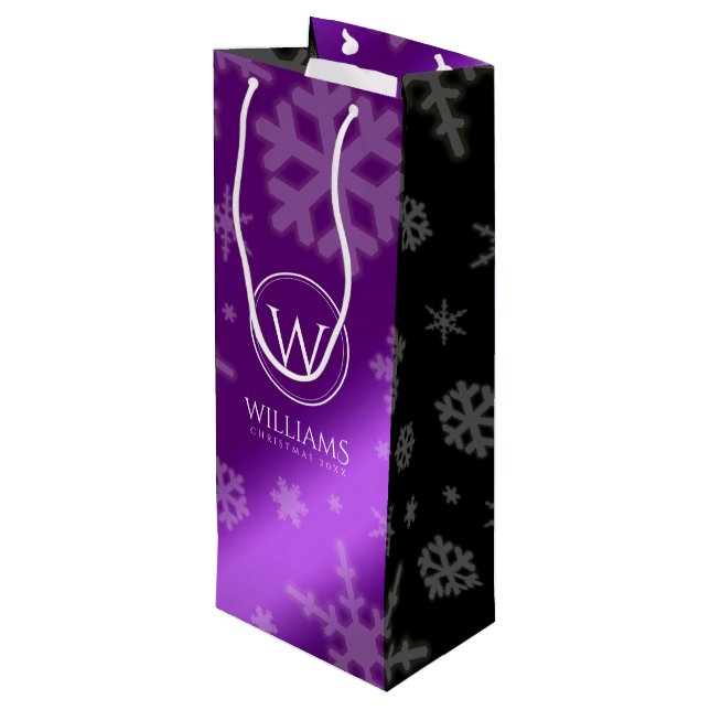 Festive Purple Foil Snowflakes Monogram Name Wine Gift Bag (Back Angled)