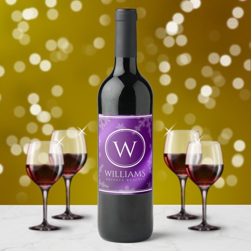 Festive Purple Foil Snowflakes Monogram Name Wine Label