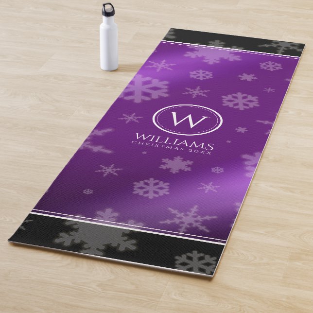 Festive Purple Foil Snowflakes Monogram Name Yoga Mat (In Situ)