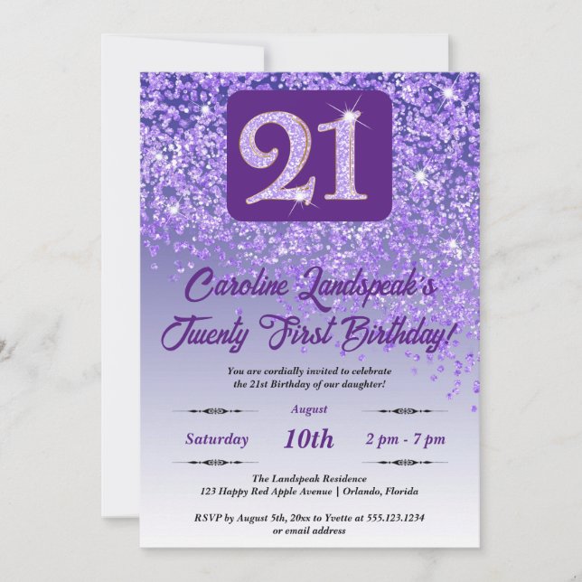 Festive Purple Glitter 21st Birthday Invitation (Front)