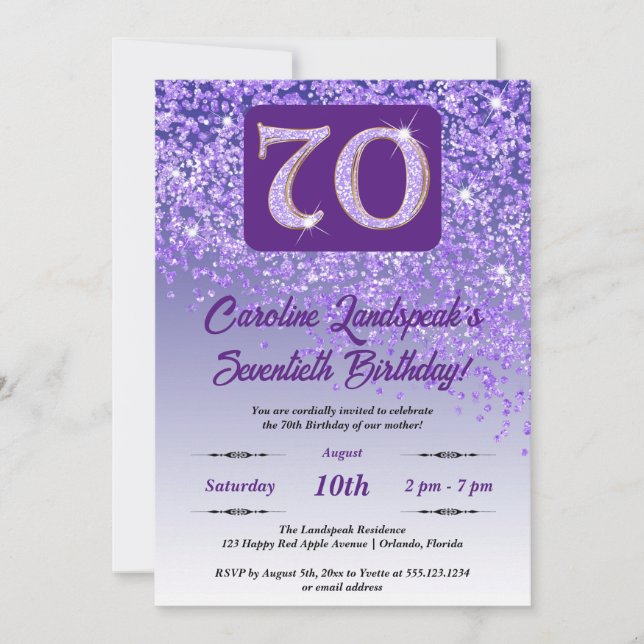 Festive Purple Glitter 70th Birthday Invitation (Front)