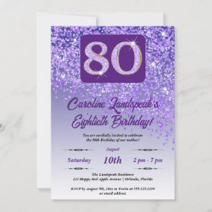 Festive Purple Glitter 80th Birthday Invitation
