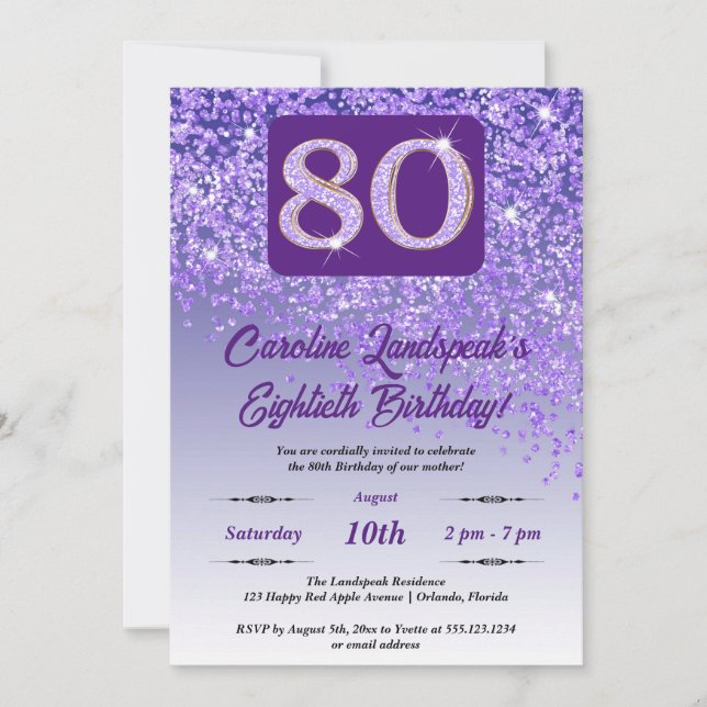 Festive Purple Glitter 80th Birthday Invitation (Front)