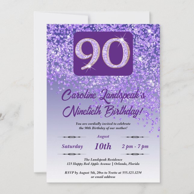 Festive Purple Glitter 90th Birthday Invitation (Front)