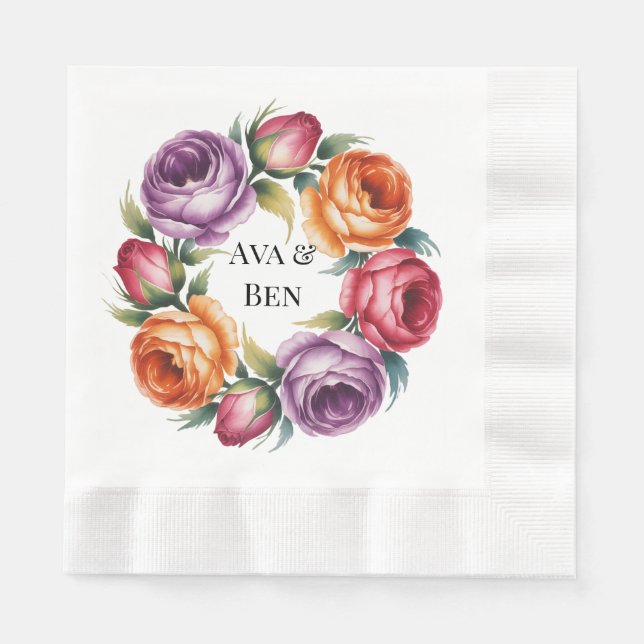 Festive Purple Orange and Red Roses Wedding Napkins (Front)