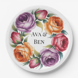 Festive Purple Orange and Red Roses Wedding Paper Plates