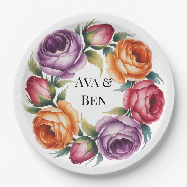 Festive Purple Orange and Red Roses Wedding Paper Plates (Front)
