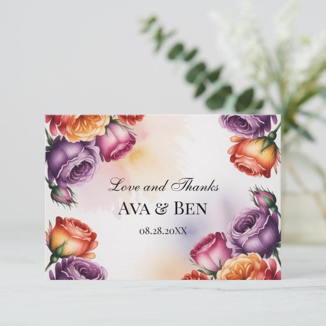 Festive Purple Orange and Red Roses Wedding Thank You Card (Standing Front)