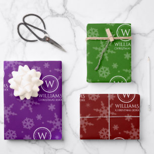 Festive Purple Red Green Foil Snowflakes Wrapping Paper Sheets