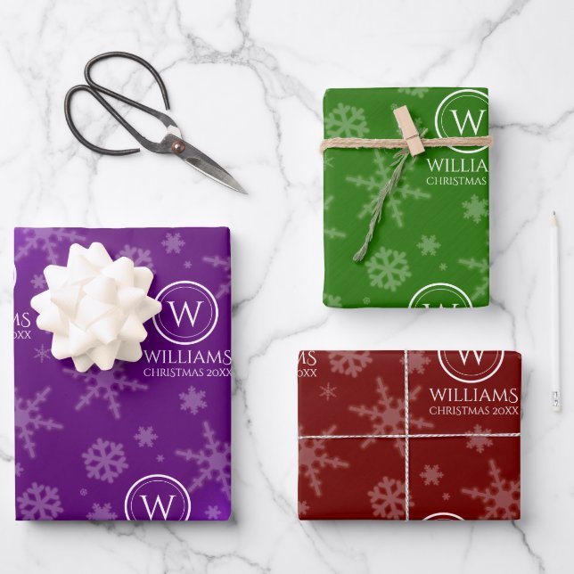 Festive Purple Red Green Foil Snowflakes Wrapping Paper Sheets (Front)