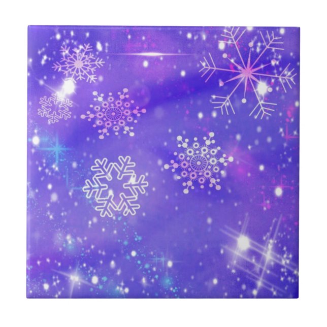 Festive Purple Snowflake Stars Christmas Party Ceramic Tile (Front)