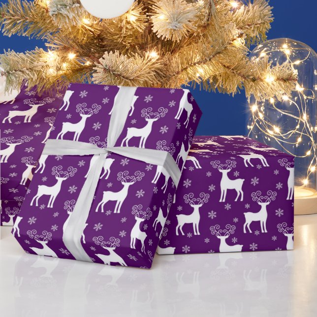 Festive Purple & White Christmas Reindeer Pattern Wrapping Paper (Holidays)