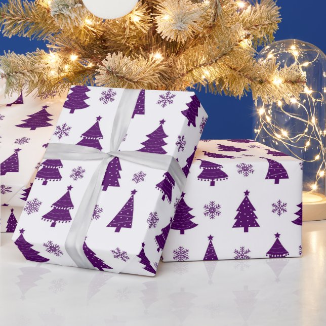 Festive Purple & White Christmas Trees Pattern Wrapping Paper (Holidays)