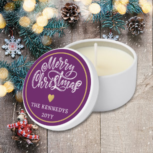 Festive Purple White Gold Heart Merry Christmas   Mini Candle Favors