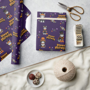 Festive purple Witch Cats in Halloween Disguise Wrapping Paper
