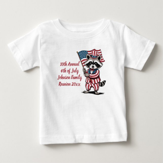 Festive Raccoon 4th of July Family Reunion Baby T-Shirt (Front)