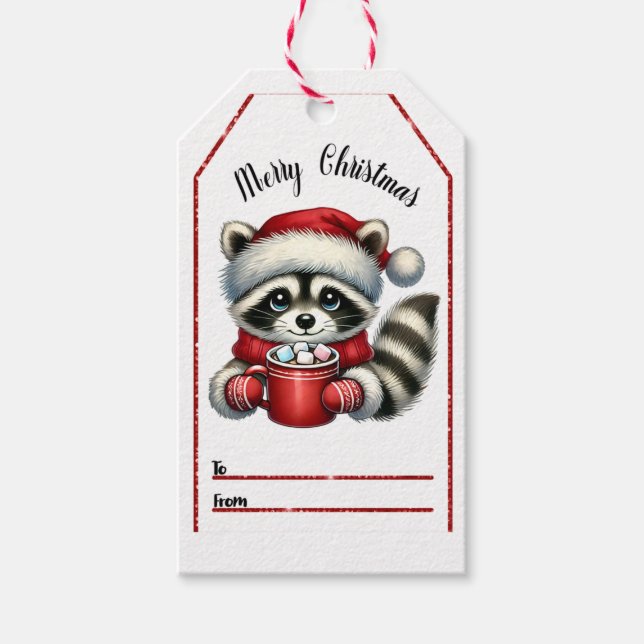 Festive raccoon Christmas tag (Front)