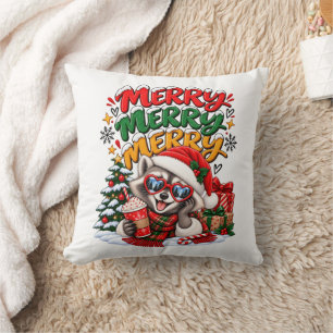 Festive Raccoon Christmas Tree Hot Cocoa Merry Throw Pillow