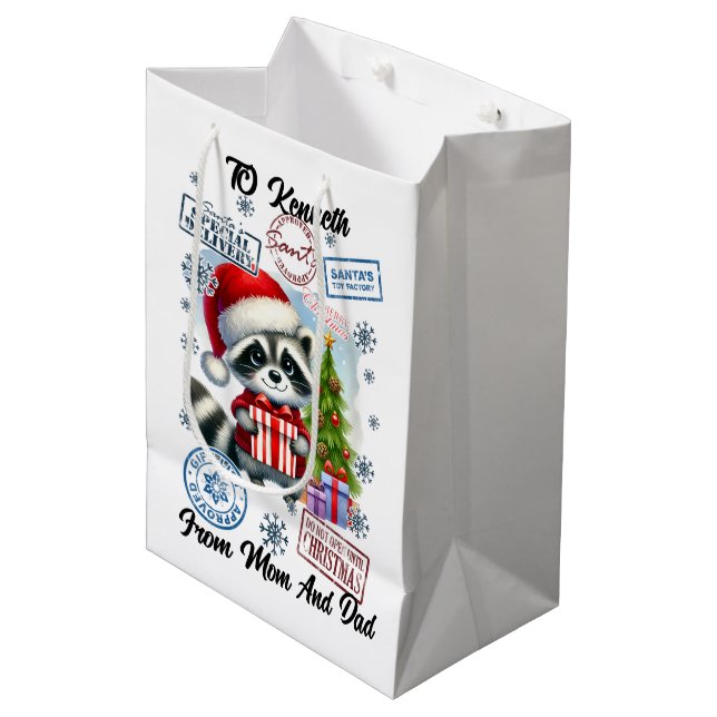 Festive Raccoon Santa Sack & treat Medium Gift Bag (Front Angled)