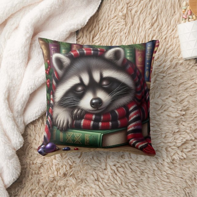 Festive Raccoon sleep over books Throw Pillow (Blanket)