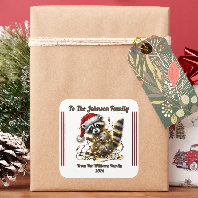 Festive Raccoon Wrapping Christmas Gift With Charm Square Sticker (Holiday)
