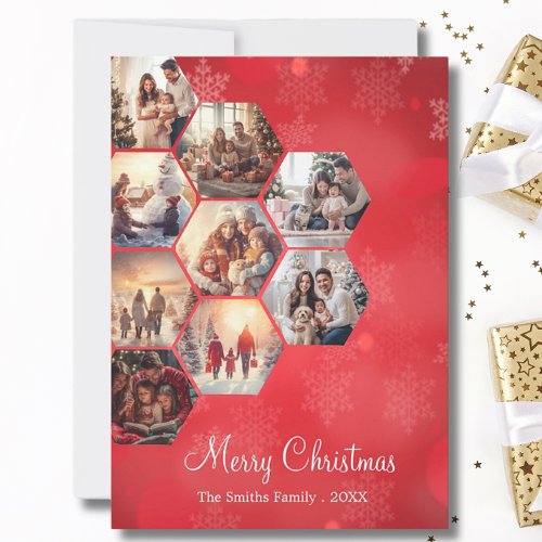 Festive Red 9 Photo Collage Modern Christmas  Holiday Card