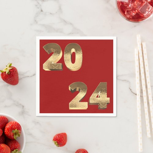 Festive Red and Faux Gold Happy New Year 2024 Napkins
