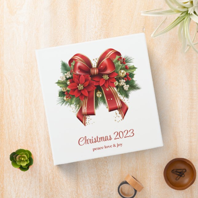 Festive Red and Gold Christmas Bow 3 Ring Binder (In Situ)