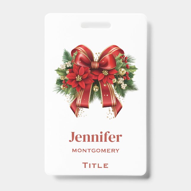 Festive Red and Gold Christmas Bow Badge (Front)