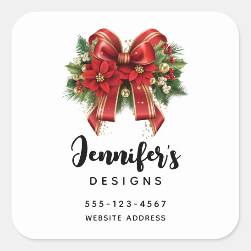 Festive Red and Gold Christmas Bow Business Square Sticker