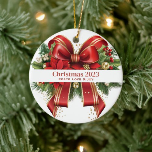 Festive Red and Gold Christmas Bow Ceramic Ornament