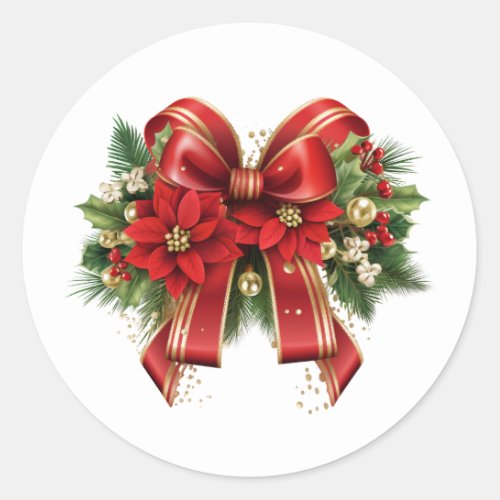 Festive Red and Gold Christmas Bow Classic Round Sticker