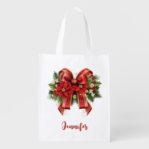 Festive Red and Gold Christmas Bow Grocery Bag