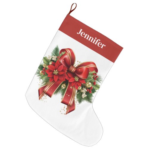Festive Red and Gold Christmas Bow Large Christmas Stocking