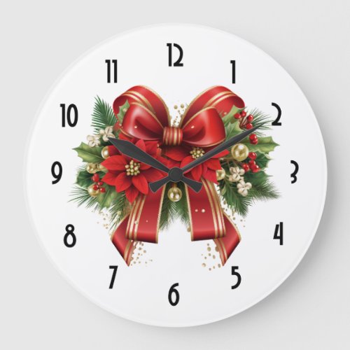 Festive Red and Gold Christmas Bow Large Clock