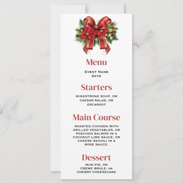 Festive Red and Gold Christmas Bow Menu Invitation (Front)
