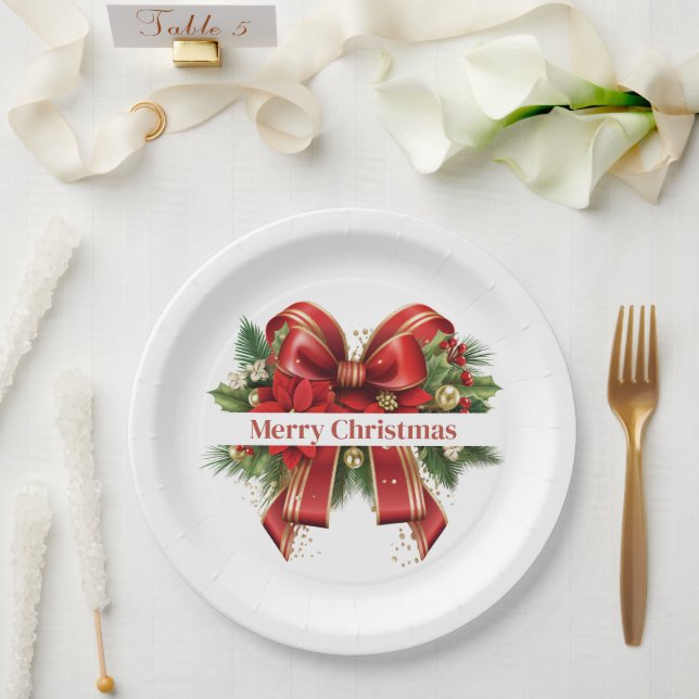 Festive Red and Gold Christmas Bow Paper Plates (Wedding)