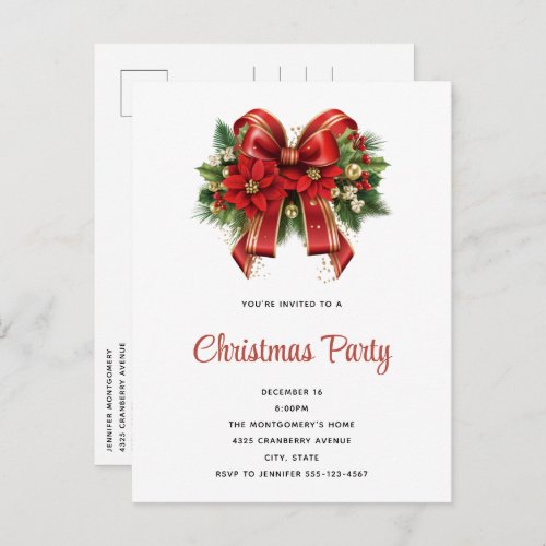 Festive Red and Gold Christmas Bow Party Invitation Postcard