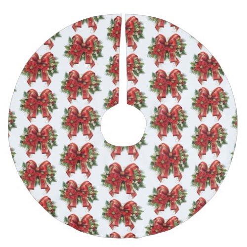 Festive Red and Gold Christmas Bow Pattern Brushed Polyester Tree Skirt
