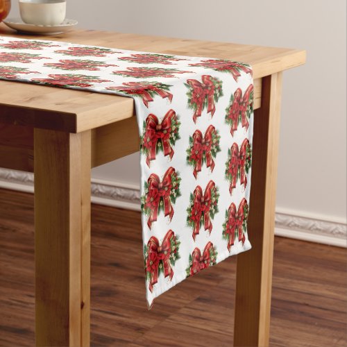 Festive Red and Gold Christmas Bow Pattern Medium Table Runner