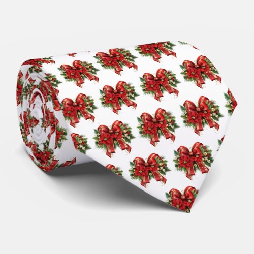 Festive Red and Gold Christmas Bow Pattern Neck Tie