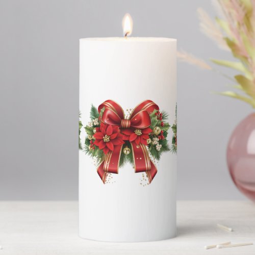 Festive Red and Gold Christmas Bow Pillar Candle