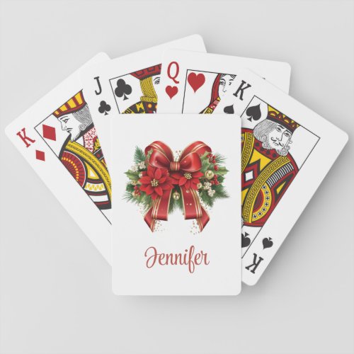 Festive Red and Gold Christmas Bow Playing Cards