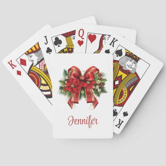 Festive Red and Gold Christmas Bow Poker Cards (Back)