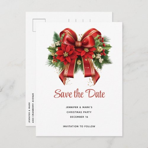 Festive Red and Gold Christmas Bow Save the Date Invitation Postcard