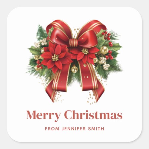 Festive Red and Gold Christmas Bow Square Sticker