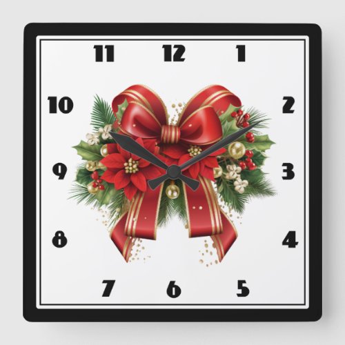 Festive Red and Gold Christmas Bow Square Wall Clock