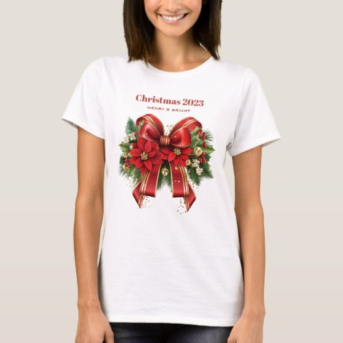 Festive Red and Gold Christmas Bow T_Shirt