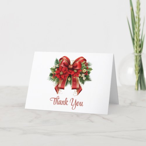 Festive Red and Gold Christmas Bow Thank You Card