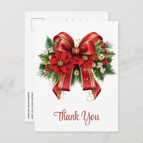 Festive Red and Gold Christmas Bow Thank You Postcard
